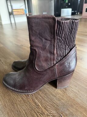 Frye Dark Brown Leather Smocked Shaft Ankle Boots